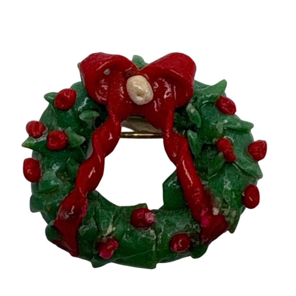 Vintage 1990s Christmas Wreath Brooch Holiday Pin Green Red‎ Enamel Gold Tone
